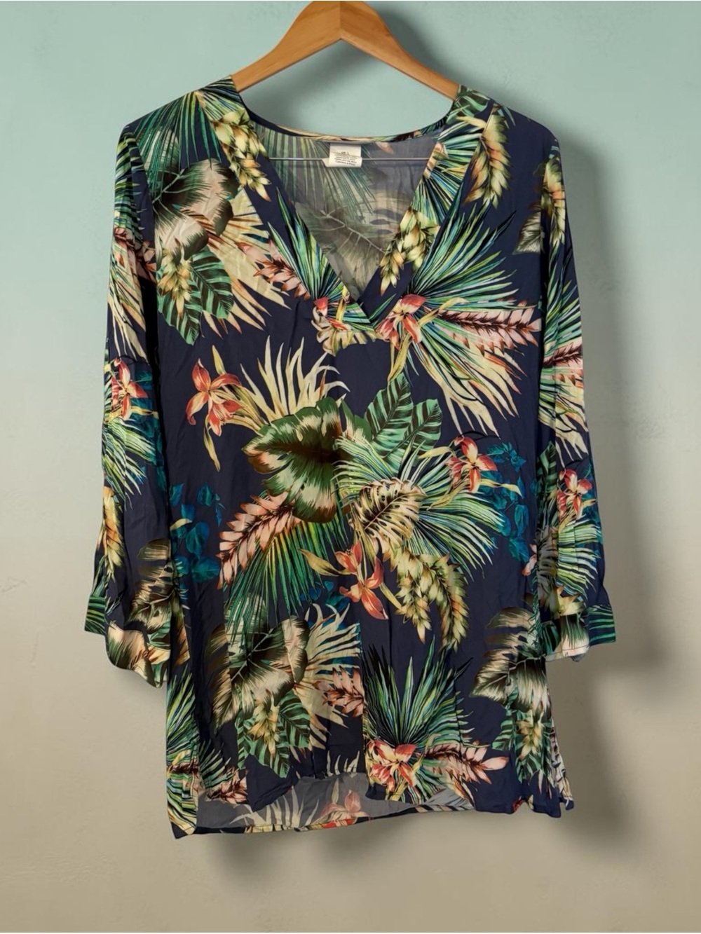 La Blanca Navy Tropical V-Neck Tunic with Multicolor Leaf Print